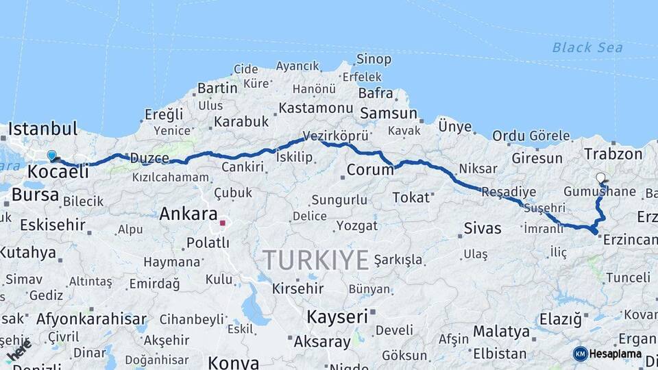 Kocaeli Derince Gümüşhane Arası Kaç Km - Yol Haritası