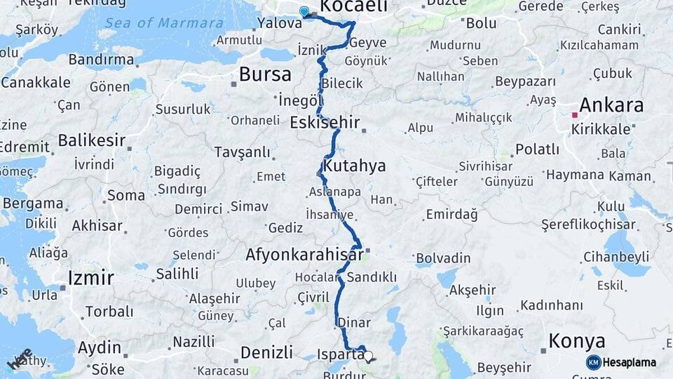 Kocaeli Derince Isparta Arası Kaç Km - Yol Haritası