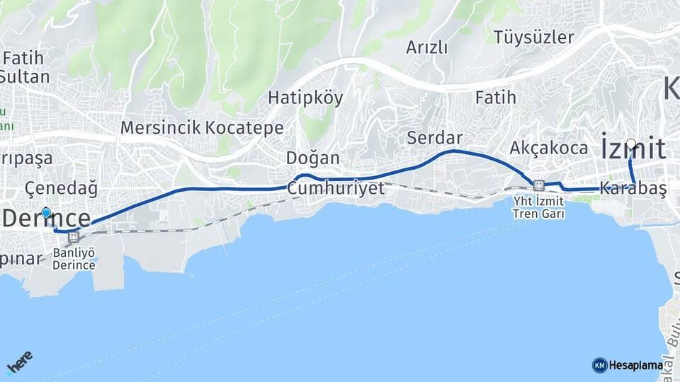 Kocaeli Derince İzmit Arası Kaç Km - Yol Haritası