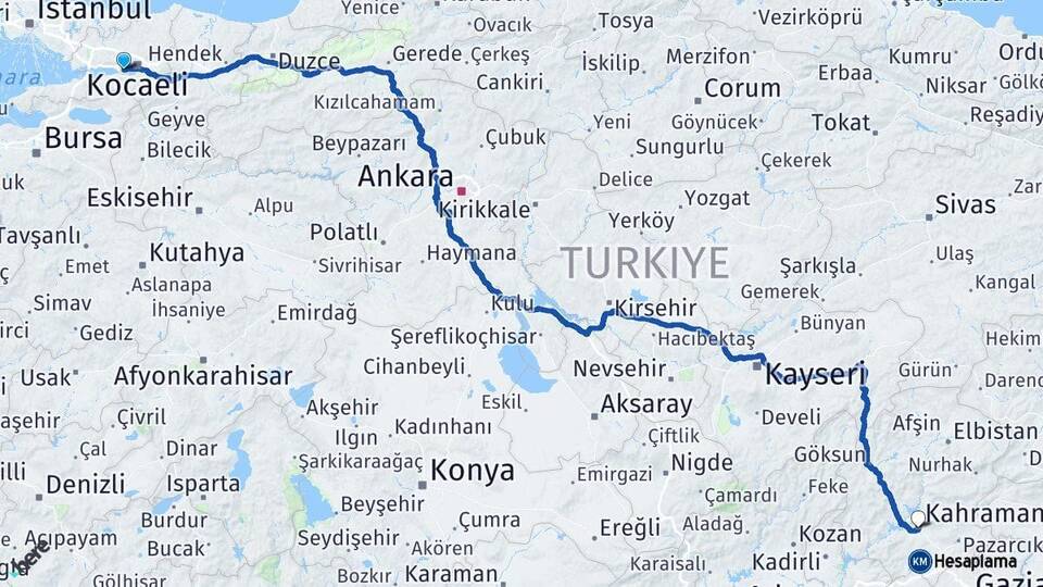 Kocaeli Derince Kahramanmaraş Arası Kaç Km - Yol Haritası
