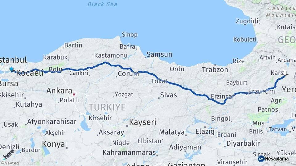 Kocaeli Derince Kars Arası Kaç Km - Yol Haritası