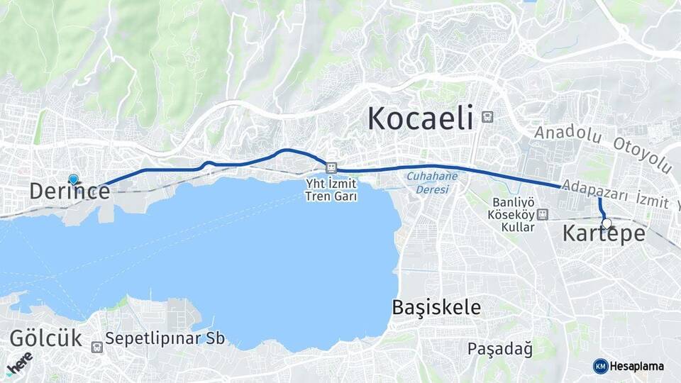 Kocaeli Derince Kartepe Arası Kaç Km - Yol Haritası