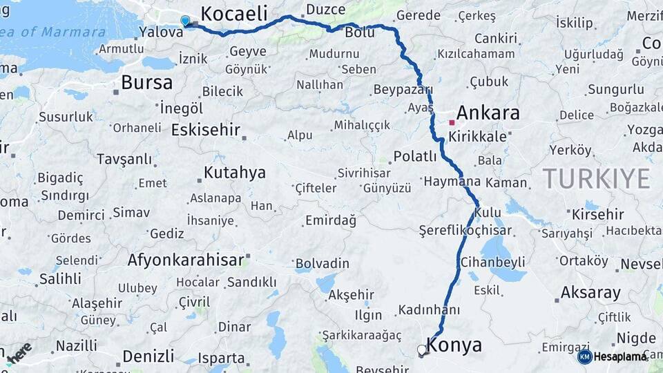 Kocaeli Derince Konya Arası Kaç Km - Yol Haritası