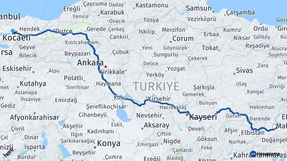 Kocaeli Derince Malatya Arası Kaç Km - Yol Haritası