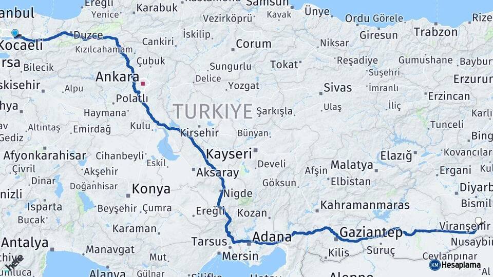 Kocaeli Derince Mardin Arası Kaç Km - Yol Haritası