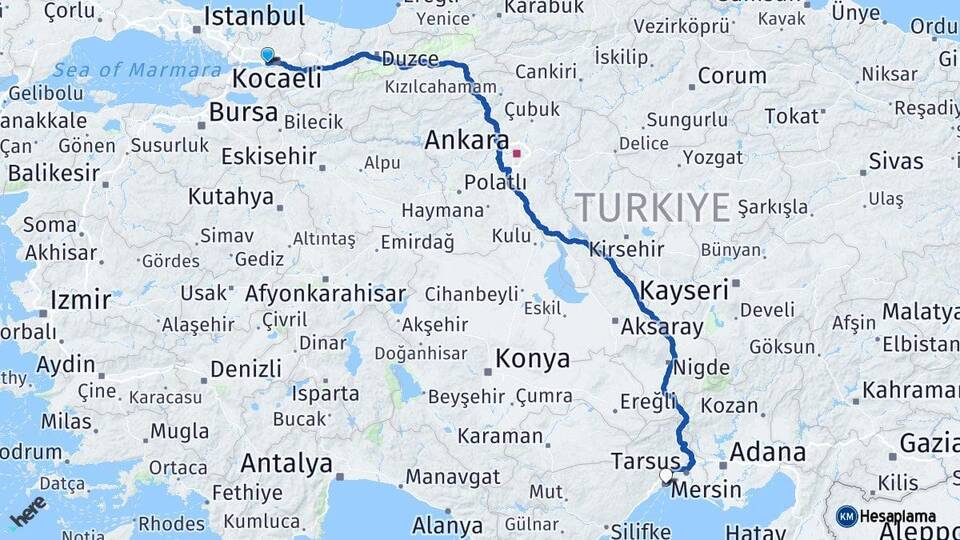 Kocaeli Derince Mersin Arası Kaç Km - Yol Haritası