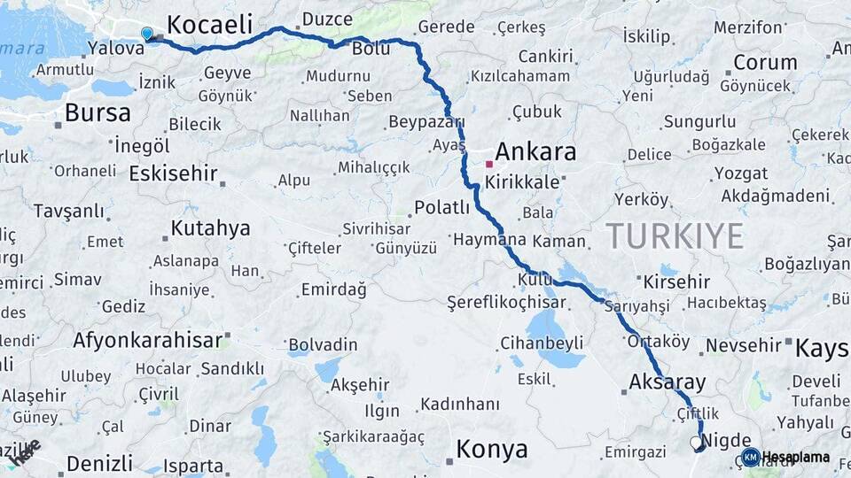 Kocaeli Derince Niğde Arası Kaç Km - Yol Haritası