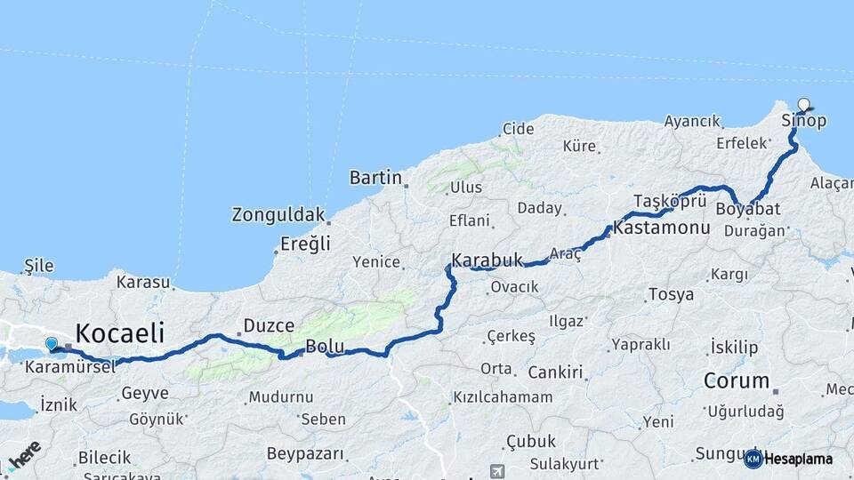Kocaeli Derince Sinop Arası Kaç Km - Yol Haritası