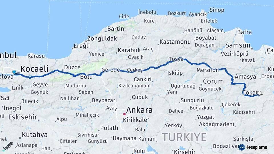 Kocaeli Derince Tokat Arası Kaç Km - Yol Haritası
