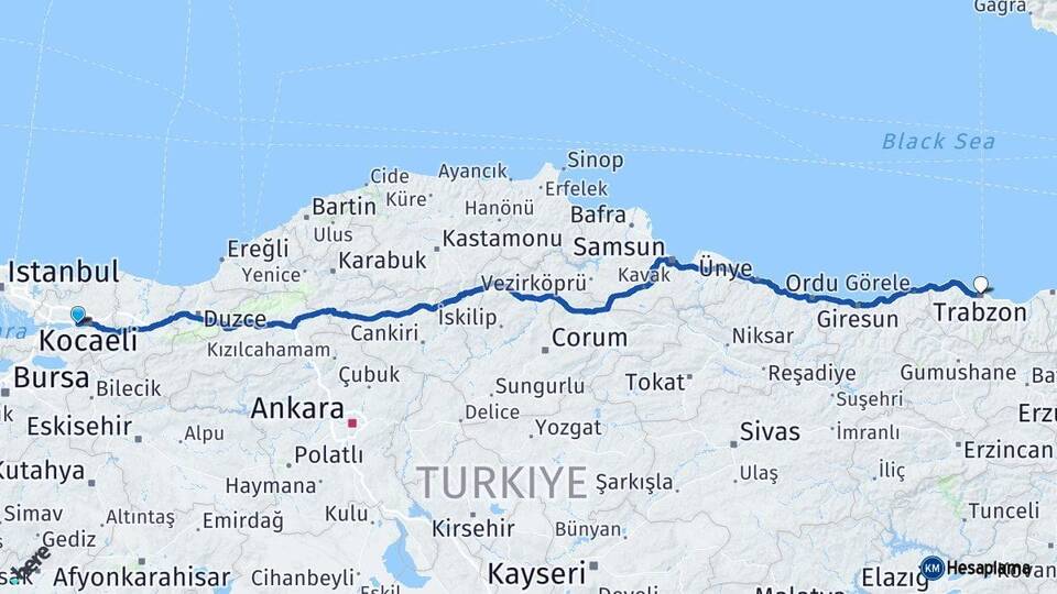 Kocaeli Derince Trabzon Arası Kaç Km - Yol Haritası