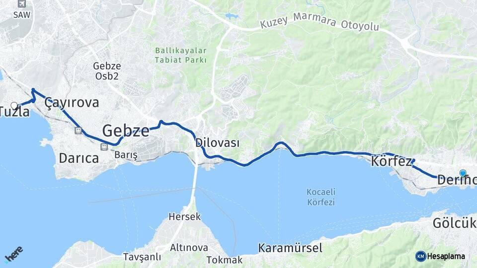 Kocaeli Derince Tuzla İstanbul Arası Kaç Km - Yol Haritası