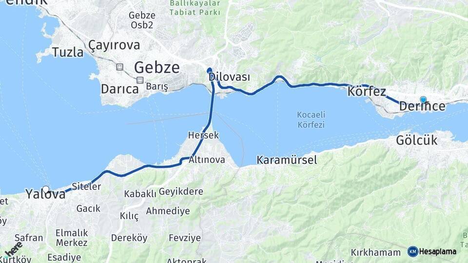 Kocaeli Derince Yalova Arası Kaç Km - Yol Haritası