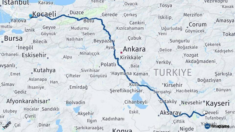 Kocaeli Develi Arası Kaç Km - Yol Tarifi