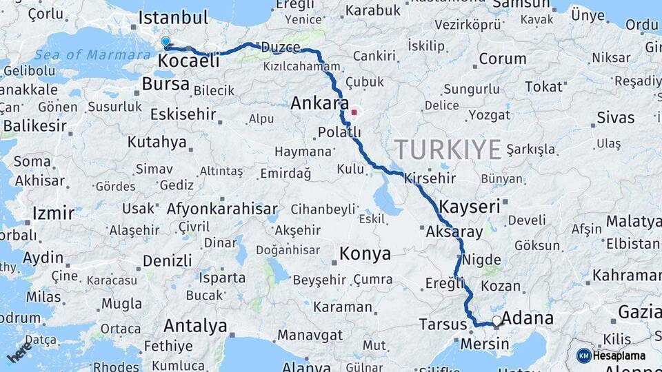 Kocaeli Dilovası Adana Arası Kaç Km - Yol Haritası