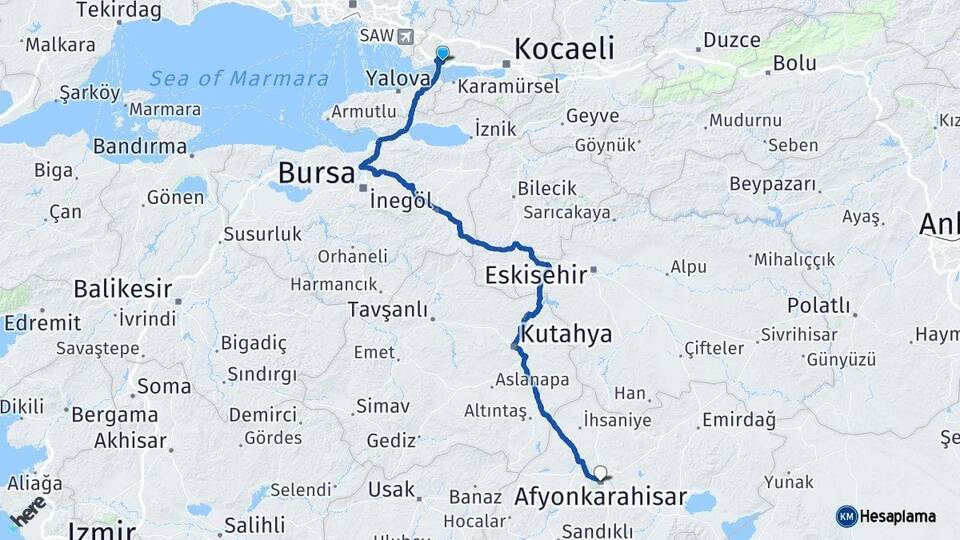 Kocaeli Dilovası Afyonkarahisar Arası Kaç Km - Yol Haritası