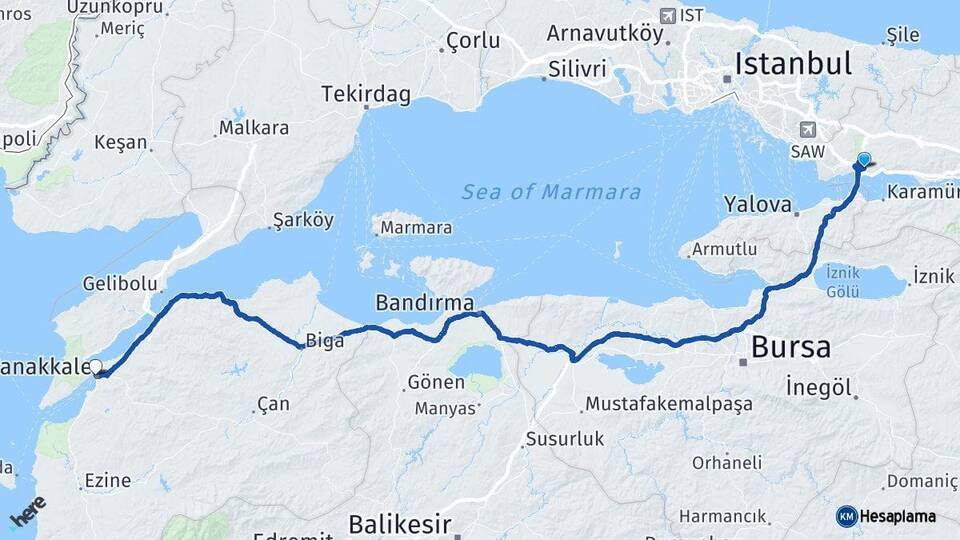 Kocaeli Dilovası Çanakkale Arası Kaç Km - Yol Haritası