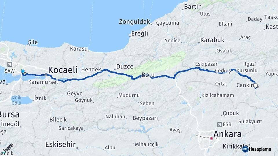 Kocaeli Dilovası Çankırı Arası Kaç Km - Yol Haritası