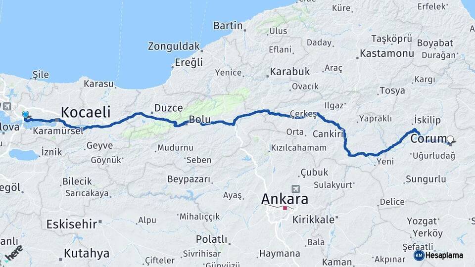Kocaeli Dilovası Çorum Arası Kaç Km - Yol Haritası