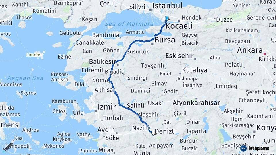 Kocaeli Dilovası Denizli Arası Kaç Km - Yol Haritası