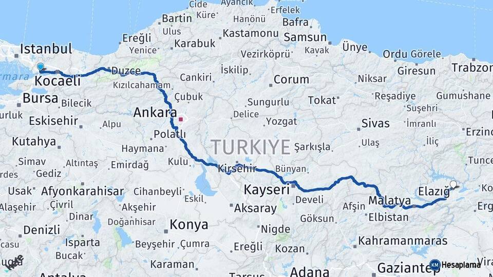 Kocaeli Dilovası Elazığ Arası Kaç Km - Yol Haritası