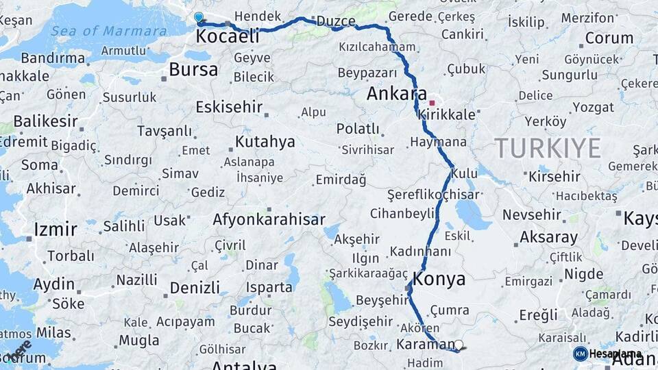 Kocaeli Dilovası Karaman Arası Kaç Km - Yol Haritası