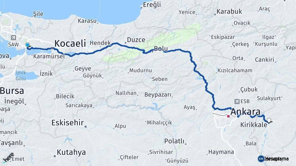 Kocaeli Dilovası Kırıkkale Arası Kaç Km - Yol Haritası