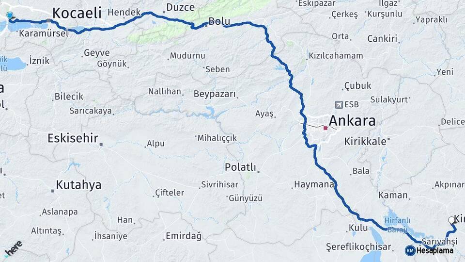 Kocaeli Dilovası Kırşehir Arası Kaç Km - Yol Haritası