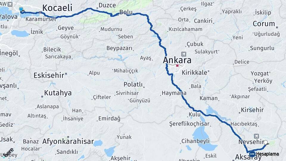 Kocaeli Dilovası Nevşehir Arası Kaç Km - Yol Haritası