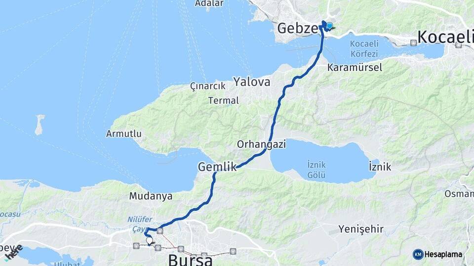 Kocaeli Dilovası Nilüfer Bursa Arası Kaç Km - Yol Haritası