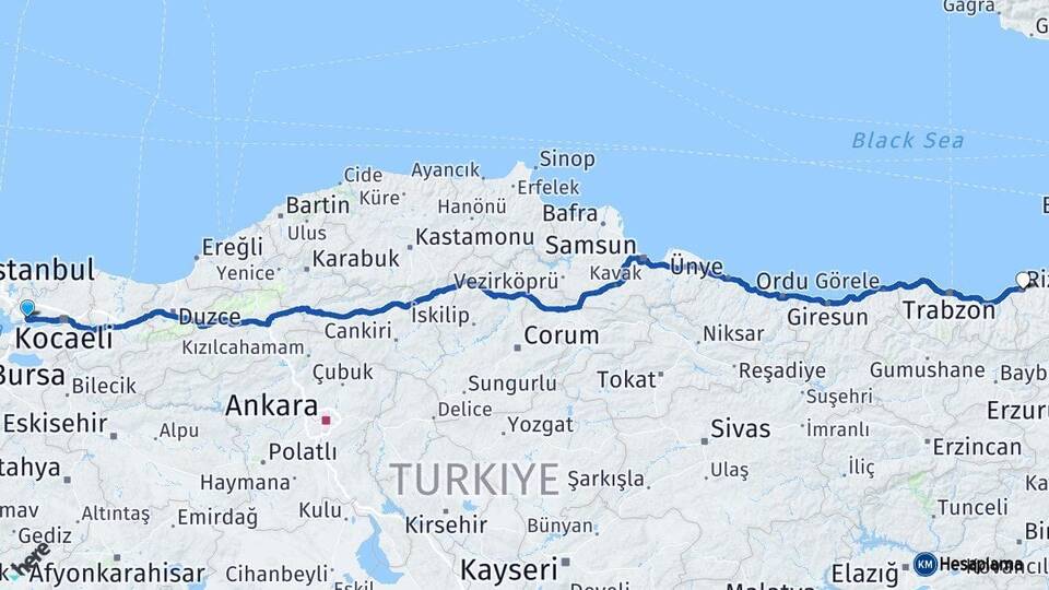 Kocaeli Dilovası Rize Arası Kaç Km - Yol Haritası
