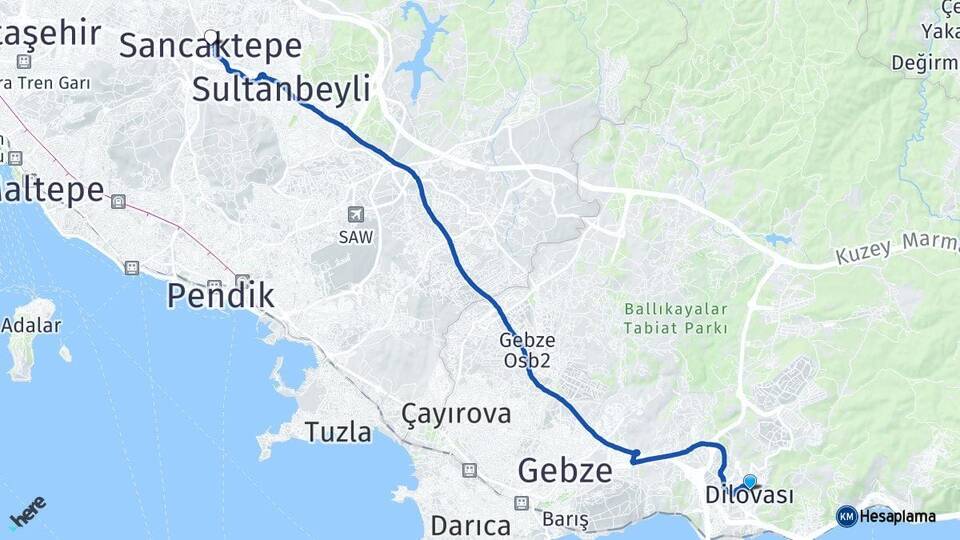 Kocaeli Dilovası Sancaktepe İstanbul Arası Kaç Km - Yol Haritası