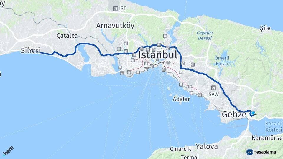 Kocaeli Dilovası Silivri İstanbul Arası Kaç Km - Yol Haritası