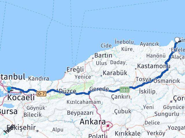 Kocaeli Dilovası Sinop Arası Kaç Km - Yol Haritası