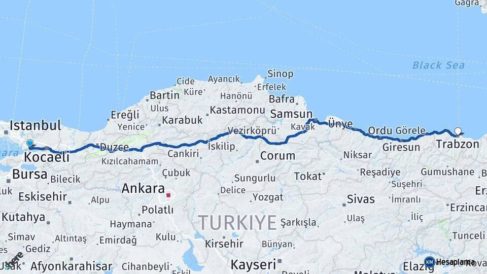Kocaeli Dilovası Trabzon Arası Kaç Km - Yol Haritası