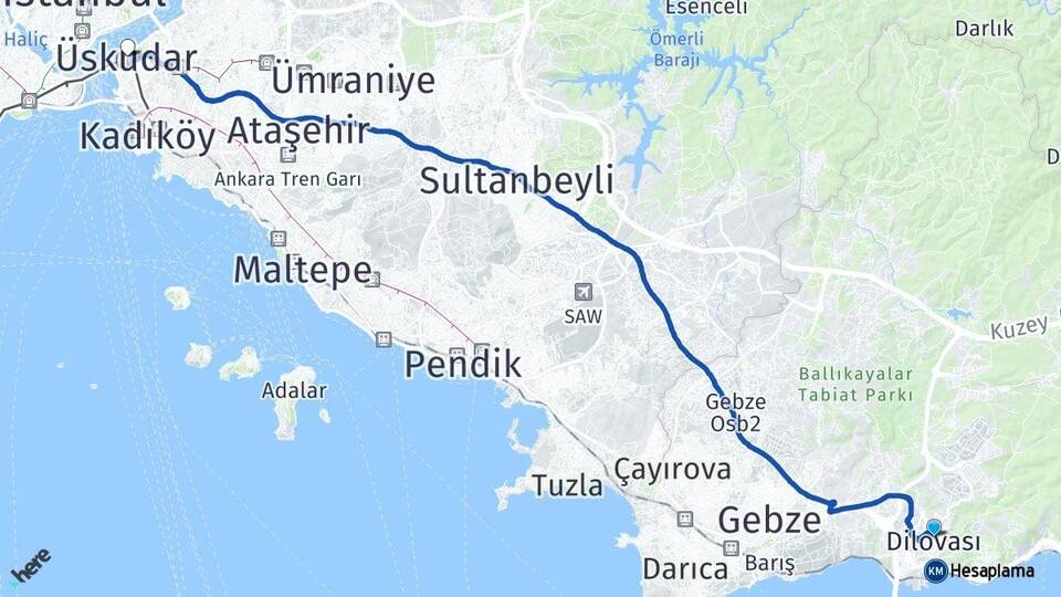 Kocaeli Dilovası Üsküdar İstanbul Arası Kaç Km - Yol Haritası