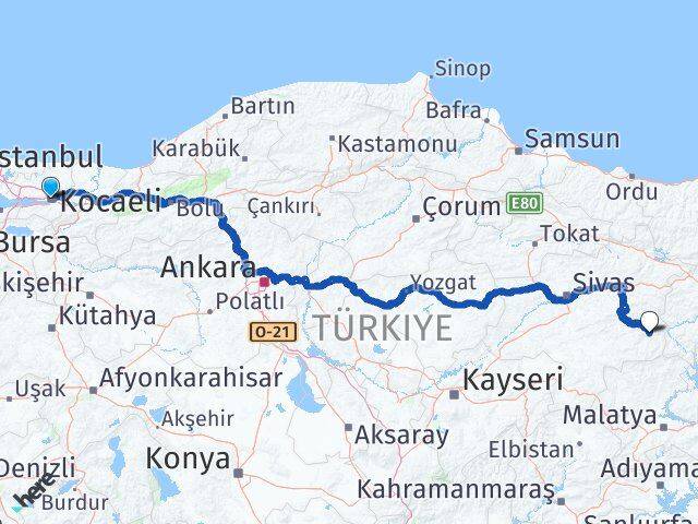 Kocaeli Divriği Sivas Arası Kaç Km - Yol Haritası