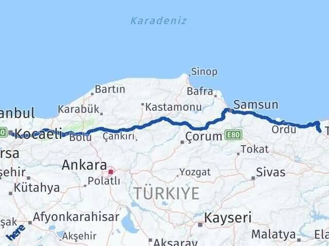 Kocaeli Doğankent Giresun Arası Kaç Km - Yol Haritası
