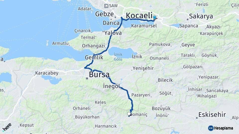 Kocaeli Domaniç Kütahya Arası Kaç Km - Yol Haritası