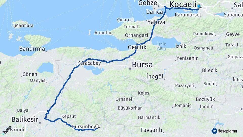 Kocaeli Dursunbey Balıkesir Arası Kaç Km - Yol Haritası