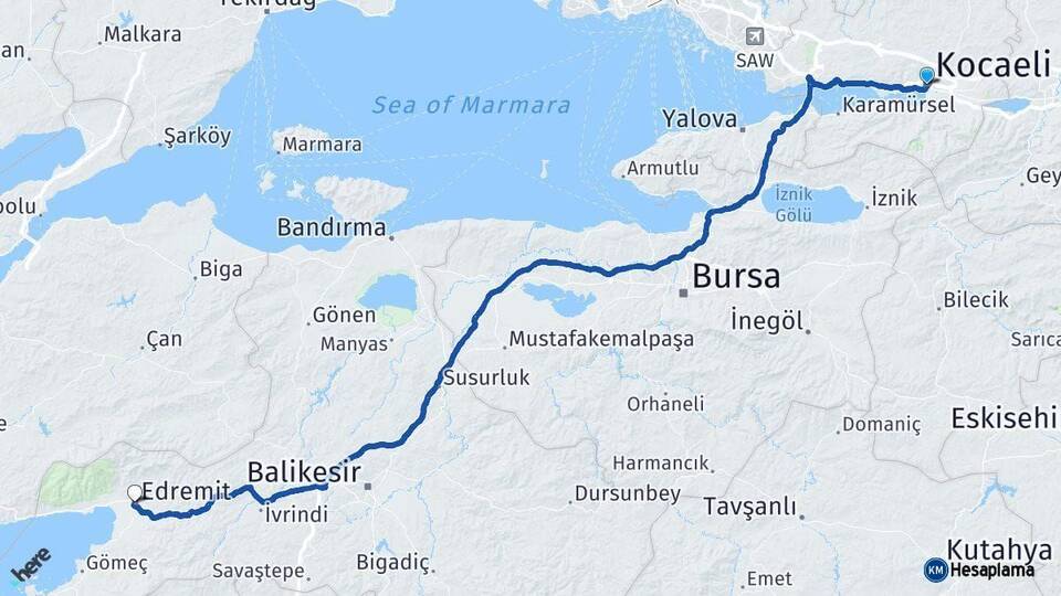 Kocaeli Edremit Balıkesir Arası Kaç Km - Yol Haritası