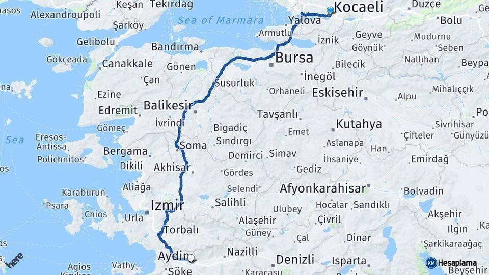 Kocaeli Efeler Aydın Arası Kaç Km - Yol Haritası