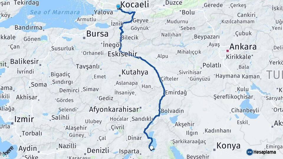 Kocaeli Eğirdir Isparta Arası Kaç Km - Yol Haritası