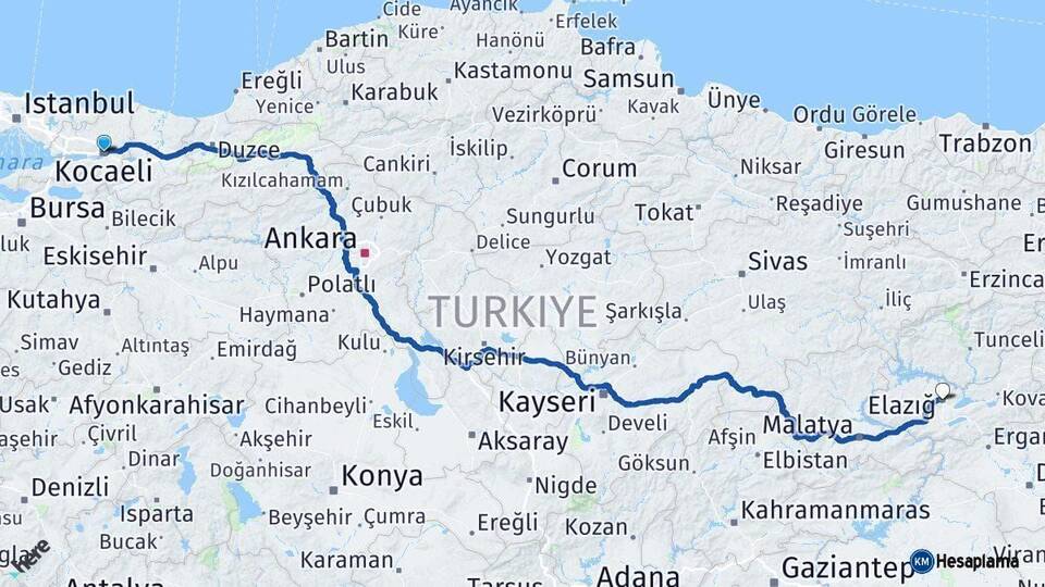 Kocaeli Elazığ Arası Kaç Km - Yol Haritası