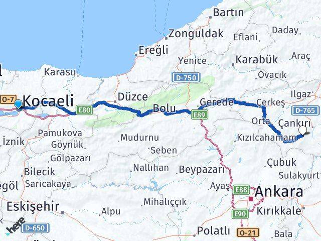 Kocaeli Eldivan Çankırı Arası Kaç Km - Yol Haritası