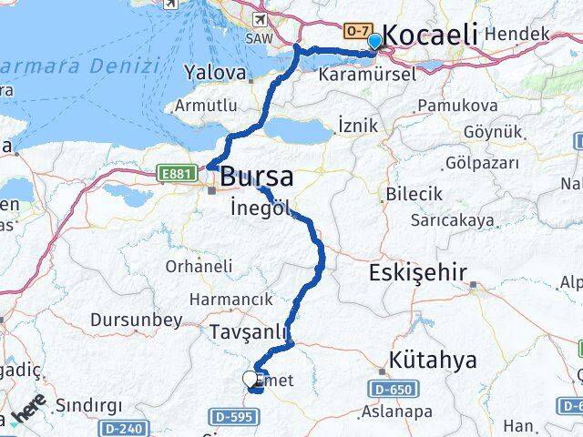 Kocaeli Emet Kütahya Arası Kaç Km - Yol Haritası