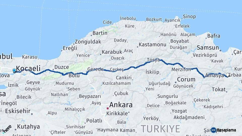 Kocaeli Erbaa Tokat Arası Kaç Km - Yol Haritası