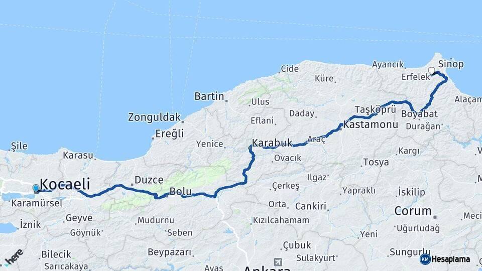 Kocaeli Erfelek Sinop Arası Kaç Km - Yol Haritası
