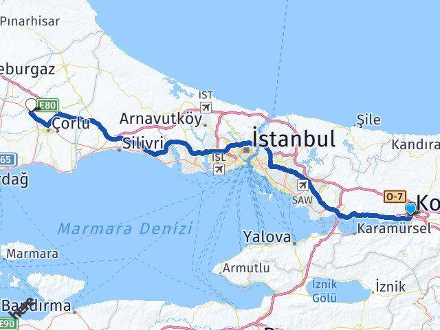 Kocaeli Ergene Tekirdağ Arası Kaç Km - Yol Haritası