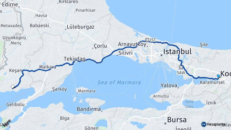 Kocaeli Erikli Keşan Edirne Arası Kaç Km - Yol Haritası