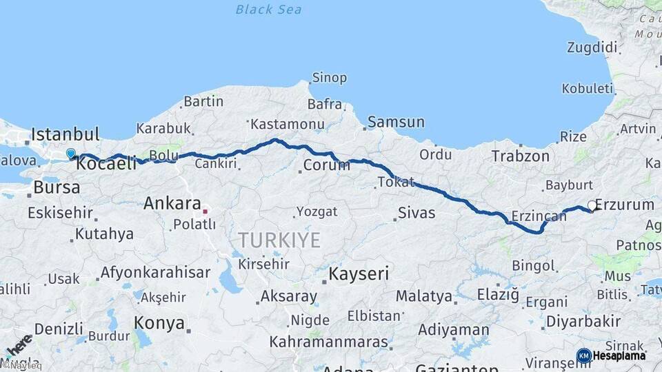 Kocaeli Erzurum Arası Kaç Km - Yol Haritası